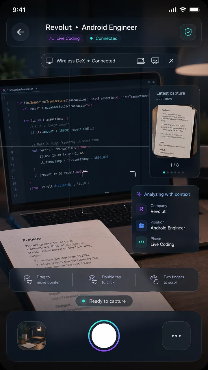 PrepCode camera screen framing a coding practice problem
