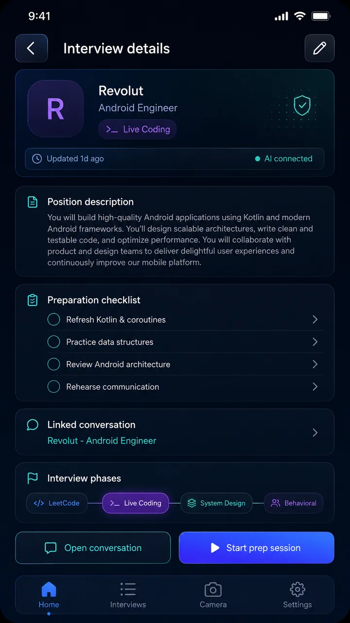 PrepCode interview details with checklist and practice phases