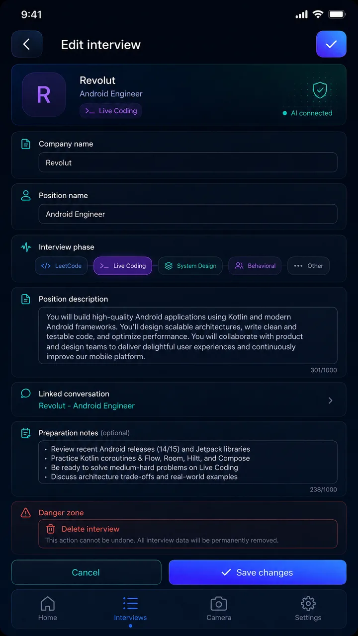 PrepCode interview editor with company, role, phases, and notes