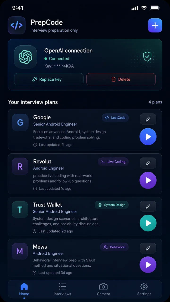 PrepCode home screen with a list of interview plans