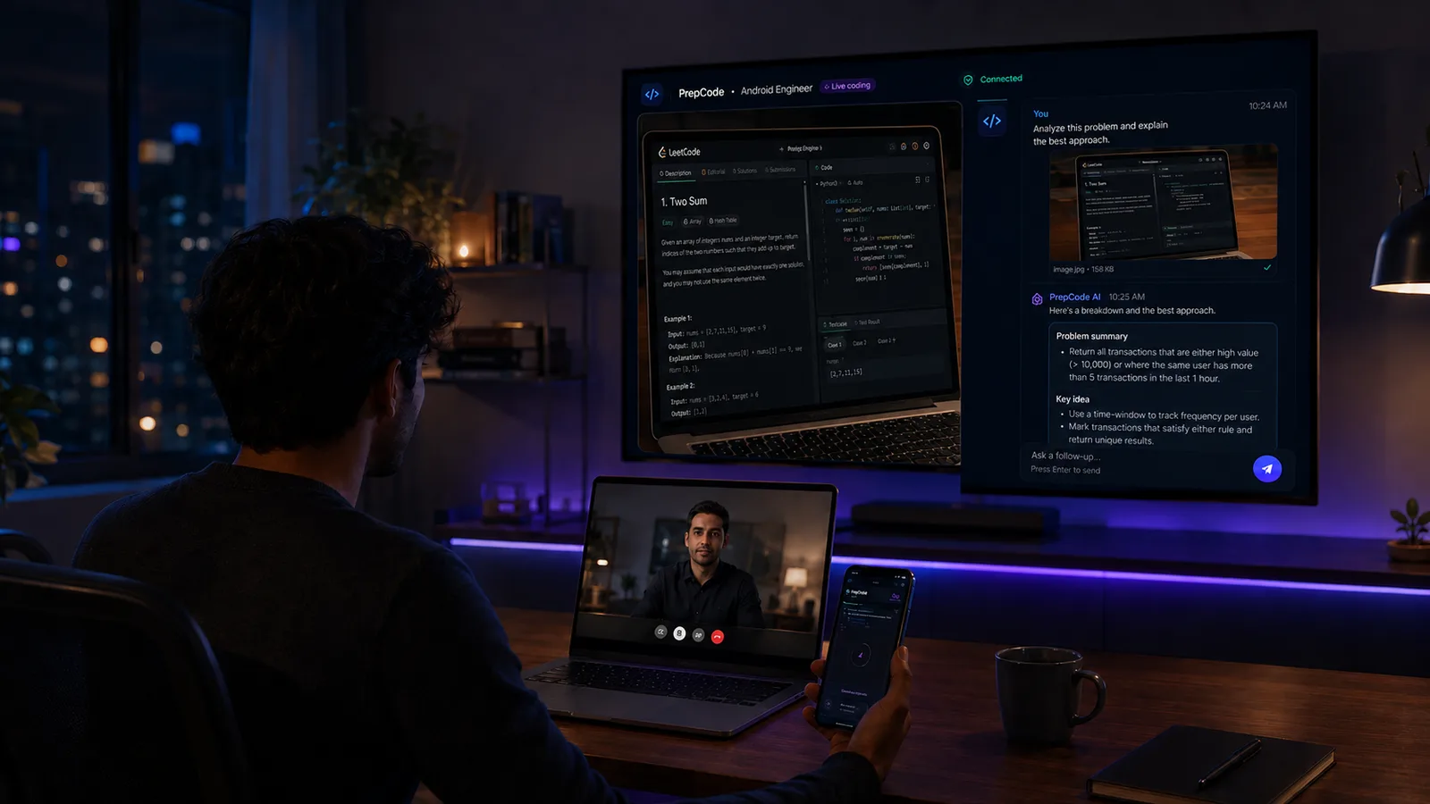 Developer practising a coding problem with PrepCode on a TV, laptop, and phone