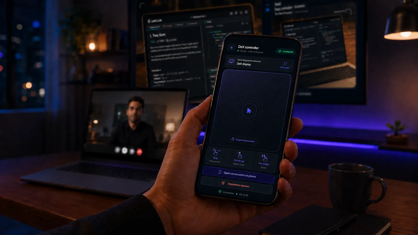PrepCode phone touchpad controlling a practice conversation on a Samsung DeX display